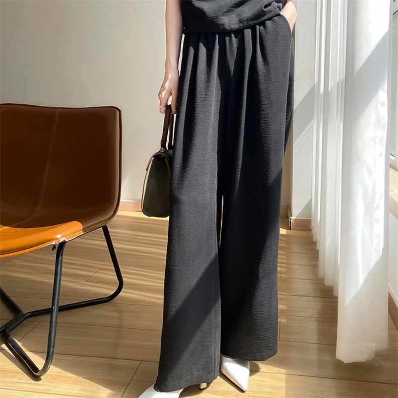 2025年春夏新款垂感冰丝棉麻直筒裤褶皱宽松阔腿休闲裤气质外穿潮，女装休闲裤，圣丽羊绒