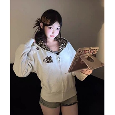美式复古小恶魔豹纹连帽拉链卫衣男女春秋冬情侣开衫刺绣运动外套，女装短外套，四季星座505