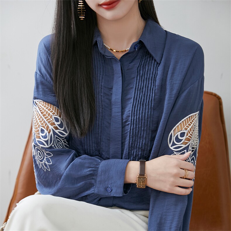 2025开春新款女装上衣设计感镂空刺绣白衬衫春秋法式气质长袖衬衣,女装衬衫,优麦羊绒（原洪叶羊绒）