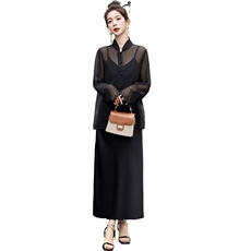 黑色低领吊带褶皱缎面连衣裙女夏季富家千金轻奢时尚晚宴礼服长裙，女装套装/套裙，蝶眷