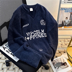 美式复古徽章印花V领球服运动风针织衫毛衣秋季男女同款外套，男装针织衫/毛衣，星座601-1