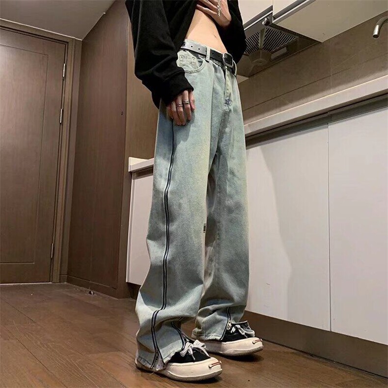 D1509-P50黄泥色牛仔裤男设计感拉链开叉美式复古水洗直筒长裤,男装牛仔裤,星座603-2