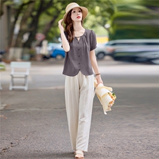 老钱风休闲气质套装女2025夏季新款洋气减龄短袖小衫阔腿裤两件套，女装套装/套裙，依万里