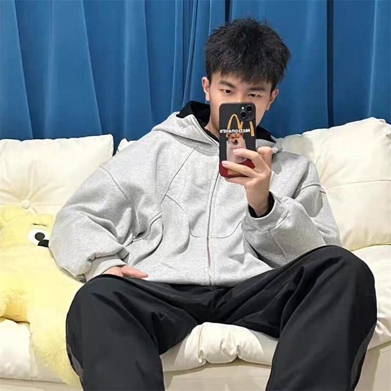 抖音得物高品质二开 26春装美式高街重磅结构高领连帽卫衣外套W62图片
