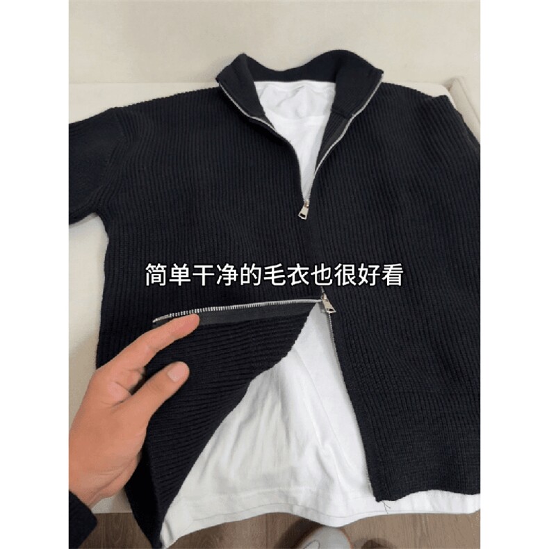 重磅秋冬北极绒双拉链毛衣开衫美式复古休闲慵懒风宽松针织衫外套,男装针织衫/毛衣,电商A486-1