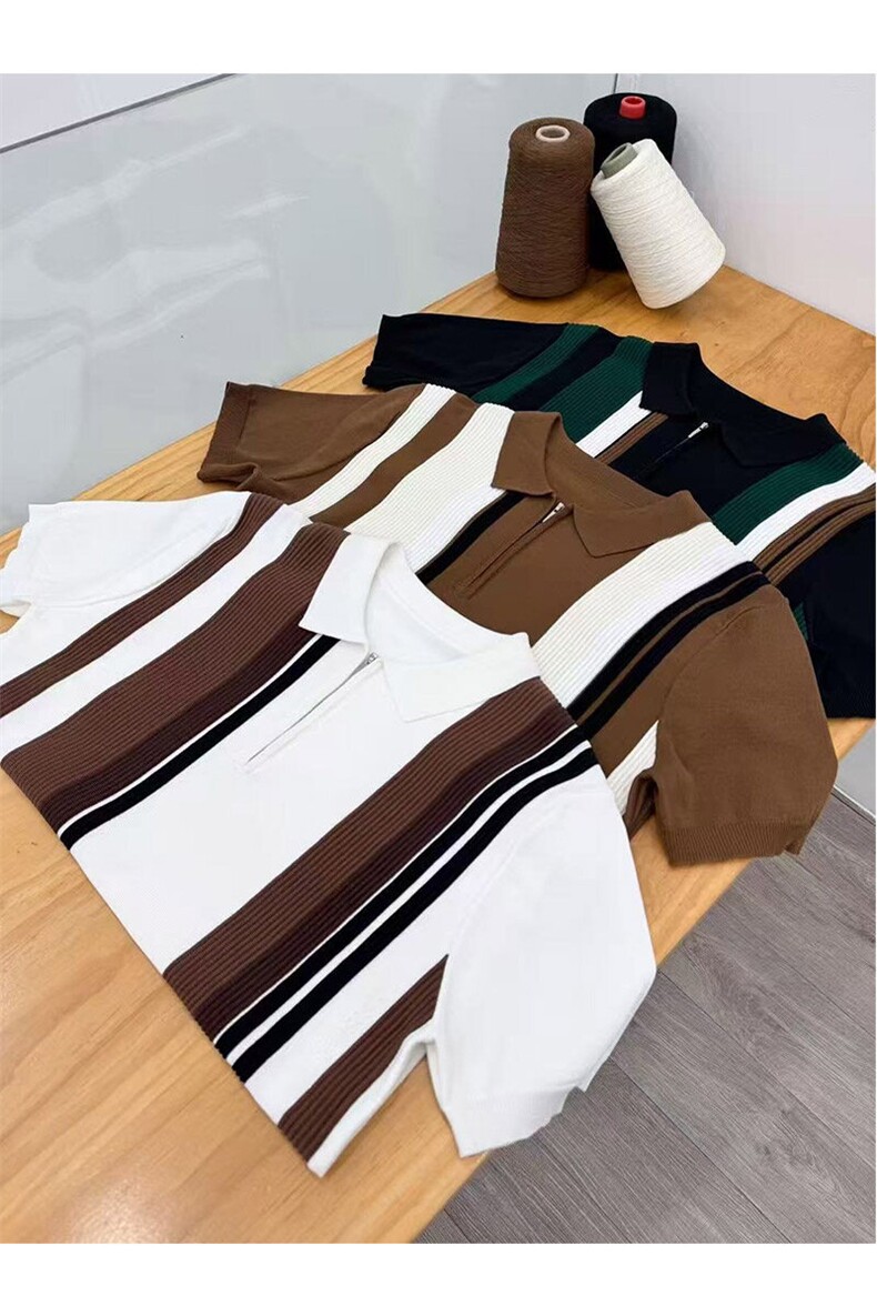 复古条纹拼色显瘦气质针织翻领短袖POLO衫C124/P55,男装Polo衫,电商A243
