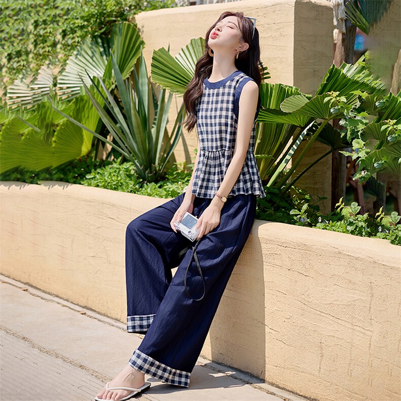 韩系减龄松弛感套装女2025夏季新款格纹无袖背心上衣阔腿裤两件套,女装套装/套裙,水衣源
