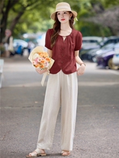 夏季时尚薄套装女2025新款宽松大码短袖衬衫上衣休闲阔腿裤两件套，女装套装/套裙，依万里