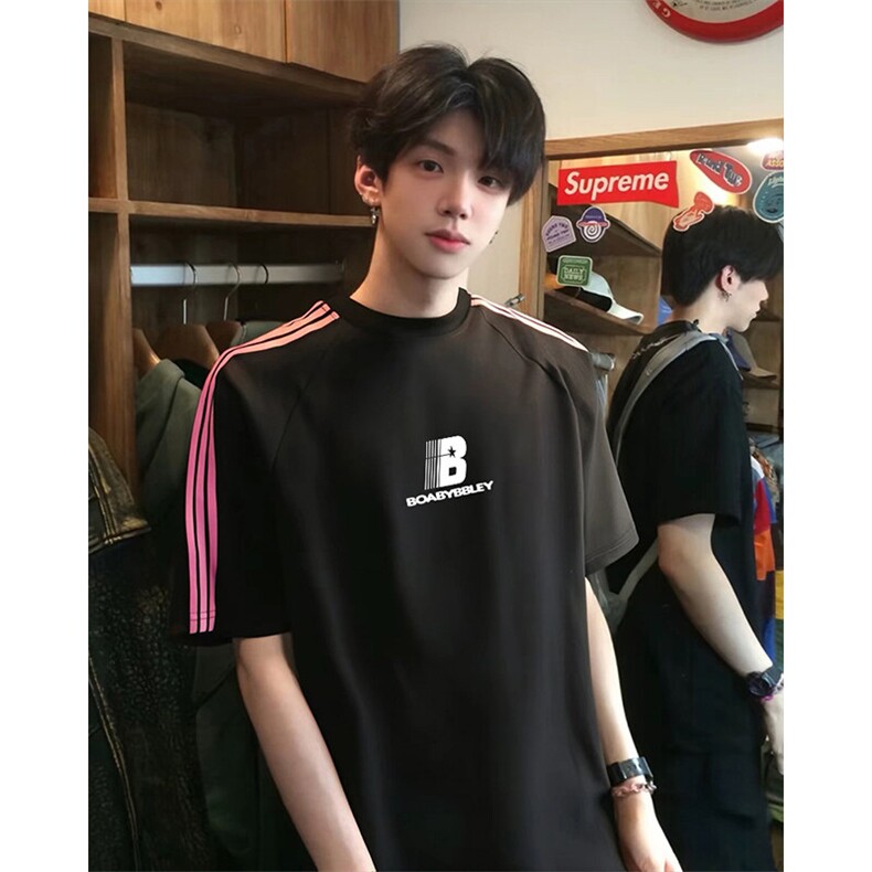 抖音得物品质二开240克宽松纯棉美式潮牌印花三条杠中性风短袖T恤,男装T恤,电商A486-1