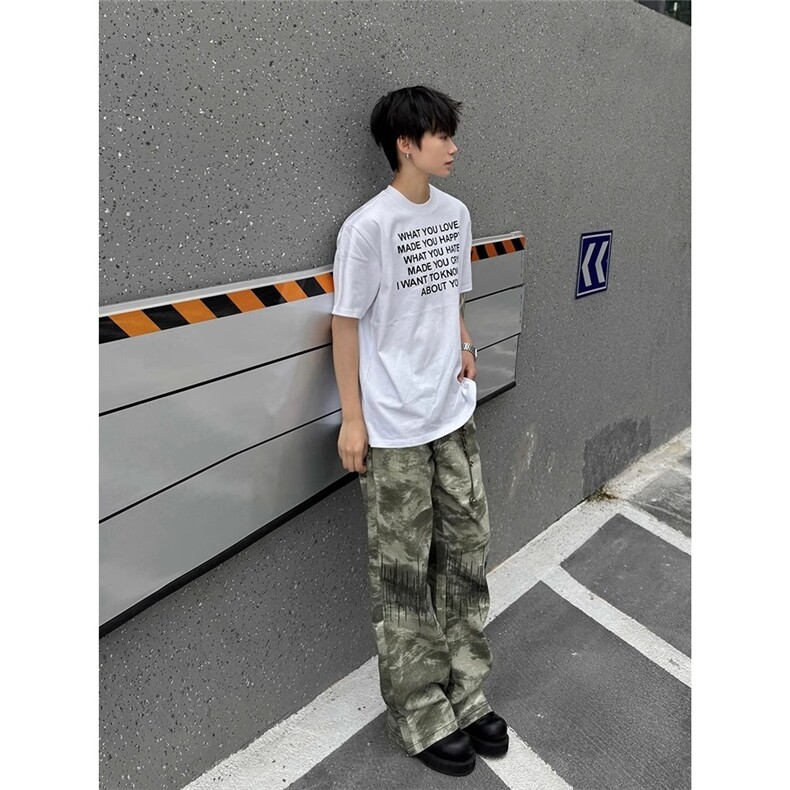 2025新款迷彩牛仔裤男潮牌美式高街刺绣工装裤子直筒弯刀微喇裤,男装牛仔裤,星座506A