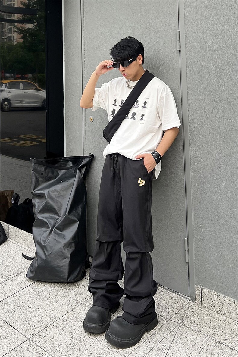 B221美式ins街头hiphop刺绣宽松褶皱休闲裤子LK23123-P60控78,男装休闲裤,电商B221