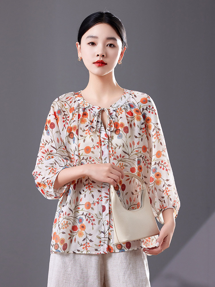 碎花中袖上衣女七分袖高端2025夏季宽松版减龄衬衫轻薄天丝防晒衣,女装衬衫,靓衣阁