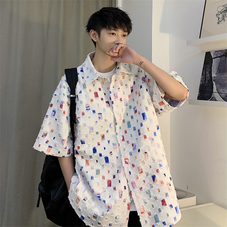 特批48无差价2024夏季破洞流苏方格衬衫男大码半袖衬衣CD848短袖,男装衬衫,电商A001-1
