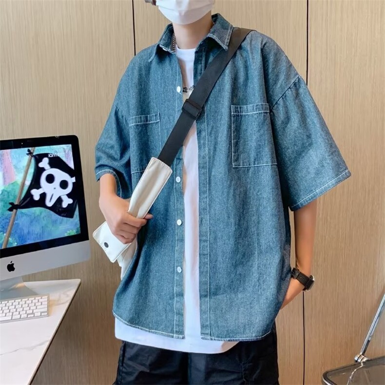 夏季牛仔衬衫男短袖休闲港风百搭韩版宽松潮复古外套C1190-P40,男装衬衫,星座1008