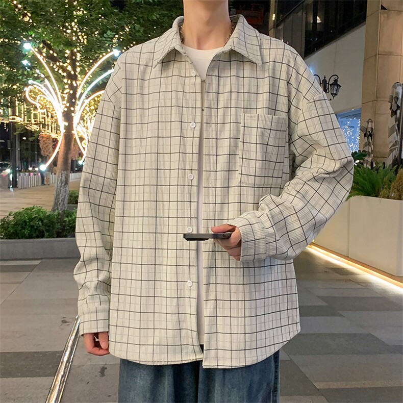 特批P42无差价秋季灯芯绒格子长袖衬衫男士大码宽松衬衣外套C2541,男装衬衫,电商A001-1