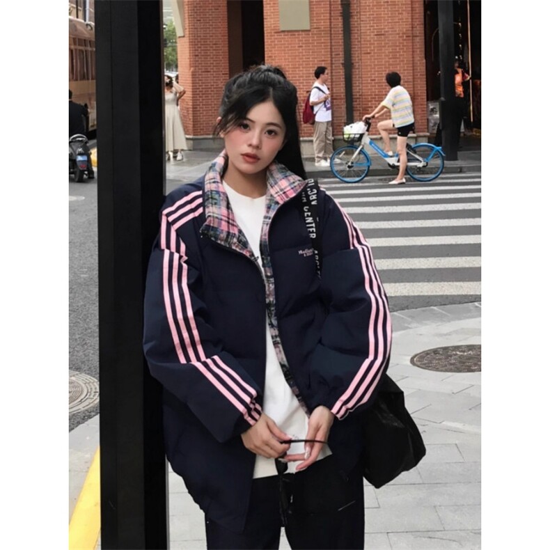 9901-P70美式短款撞色格子棉服男款冬季三条杠立领外套加厚,男装棉衣,电商B323A