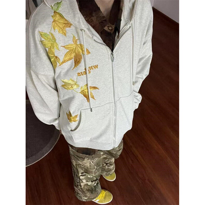 飘落枫叶刺绣开衫卫衣男春秋款美式复古潮牌欧美高街重磅连帽外套,男装卫衣,星座1116A（原606A-3）