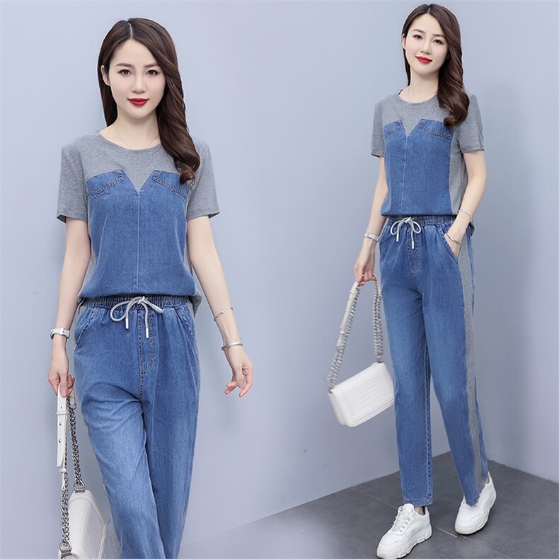 牛仔套装女小个子2024夏季新款网红炸街洋气减龄薄款阔腿裤两件套,女装套装/套裙,靓星雨