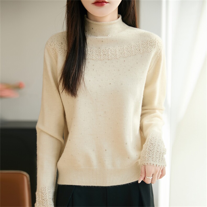 2025年秋季时尚百搭通勤简约休闲卷边高领亮片针织衫，女装针织衫/毛衣，郡淞羊绒