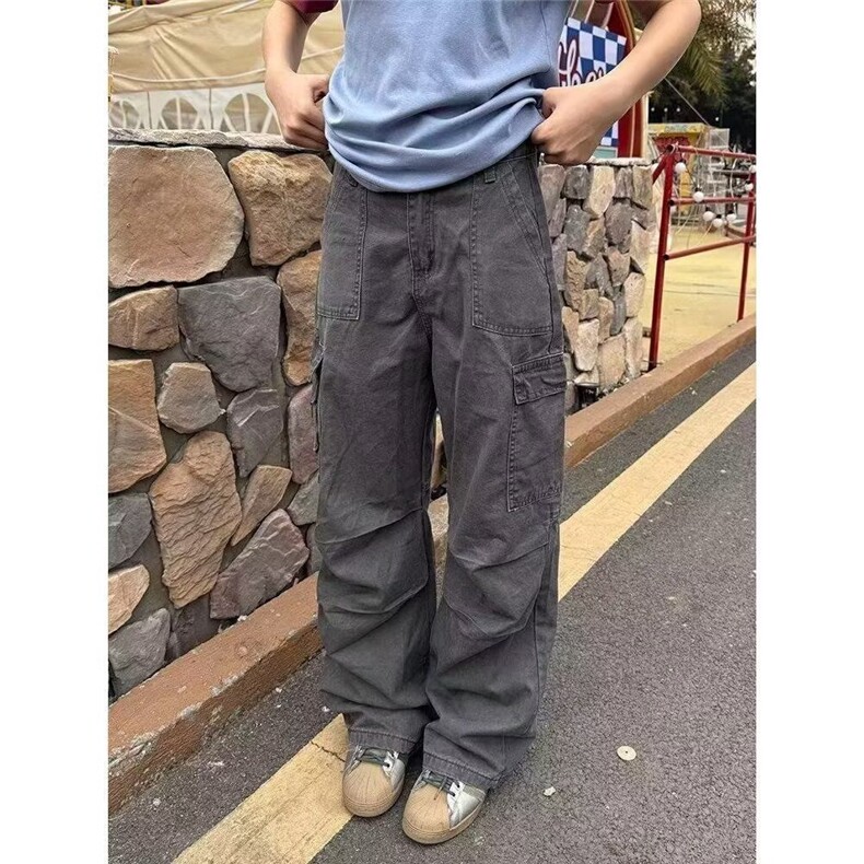 欧美复古中腰阔腿工装裤子男春秋冬新款辣妹设计感宽松直筒牛仔裤,男装牛仔裤,四季星座505