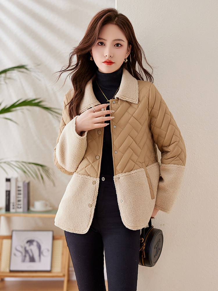 羊羔毛拼接轻薄羽绒棉服女2024冬新款时尚菱格夹棉保暖棉服小棉袄,女装棉衣/棉服,姿衣坊