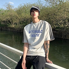 抖音得物高品质二开240克宽松纯棉美式潮牌三条杠织带短袖T恤，男装T恤，电商A486-1