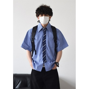格纹假领带衬衫男女夏季短袖衬衣学院风情侣小众设计外套 C2270图片