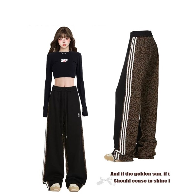 豹纹拼接卫裤女春秋2025新美式嘻哈宽松潮牌设条纹运动直筒休闲裤，女装休闲裤，星座505-2（原电商A260-1)