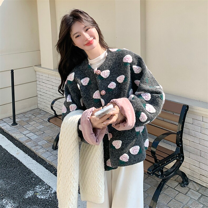 灰色立体花朵毛呢外套女2025冬季新款韩系高级感气质加厚呢子上衣,女装派克服,2D034