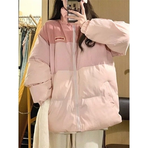 撞色拼接棉袄棉服女短款冬小个子加厚宽松立领面包服学生外套图片