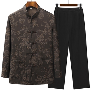 风中老年唐装男春秋长袖套装太极服丝绸爷爷装 TR22010-P105图片