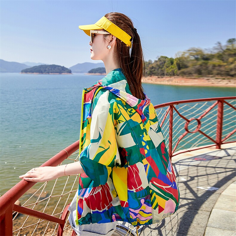 印花防晒衣女短款2025夏季新款韩版宽松大码透气轻薄外套开衫上衣,女装防晒衣,可可小西