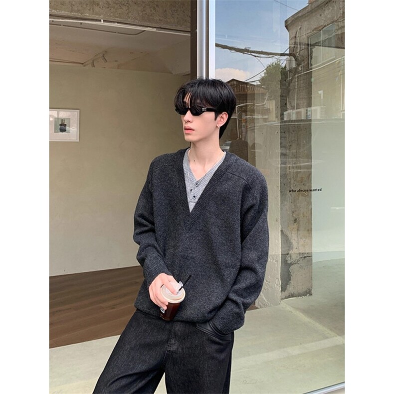 RTIMFD老钱风深V领假两件毛衣氛围感休闲纽扣多穿针织衫cleanfit,男装针织衫/毛衣,四季星座505