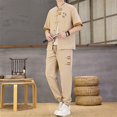 风夏季两件套男士冰丝宽松短袖套装民族男装汉服，男装T恤，星座1206（原A206）