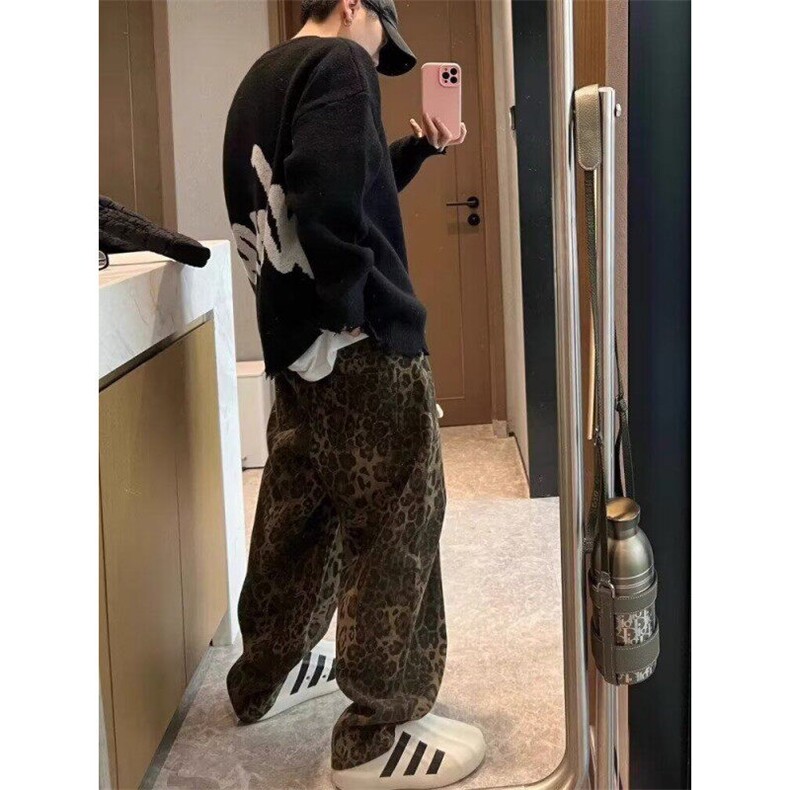 高街休闲复古宽松水洗豹纹男女款牛仔弯刀长裤春秋长裤男KN98,男装牛仔裤,星座1116A（原606A-3）