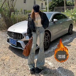 复古微喇牛仔裤女春秋新款美式毛边高腰设计感马蹄喇叭裤子潮ins图片