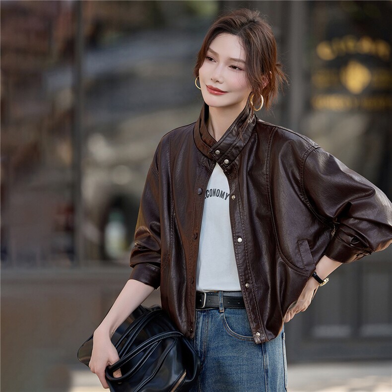 【大量现货】秋季女装新款时尚立领小个子高级感短款皮衣外套,女装皮衣,魅衣本色