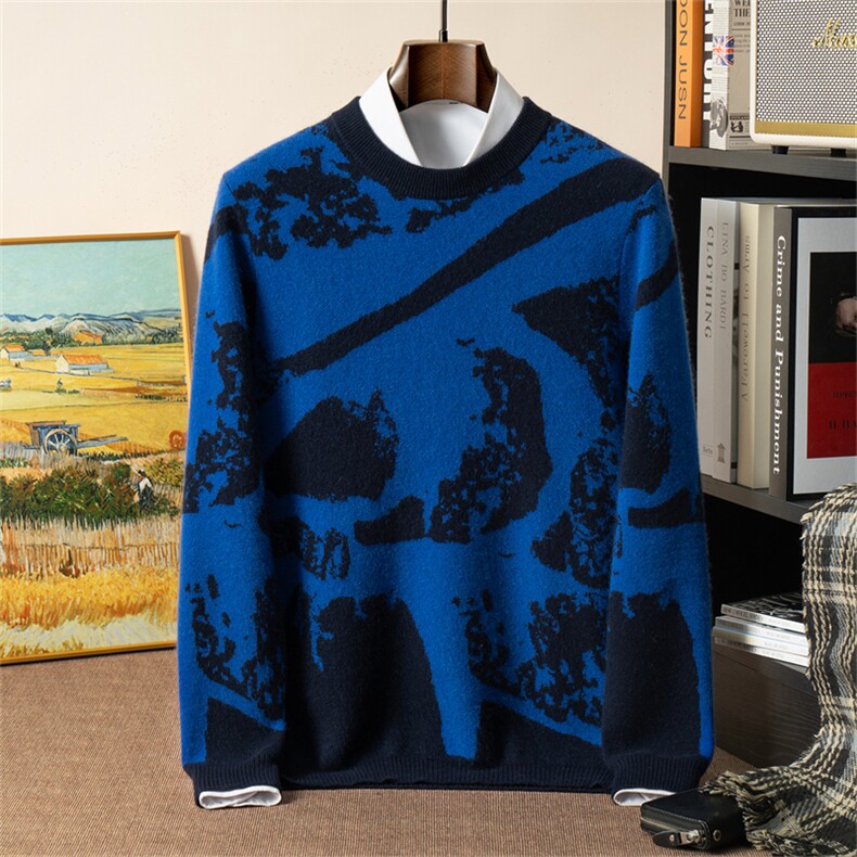 2025年秋季新款四平虚提撞色圆领男士针织羊绒衫时尚休闲通勤百搭，男装羊绒套衫，星纬羊绒