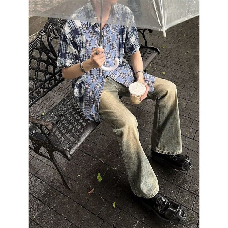 美式复古格子衬衫男长袖春秋季宽松寸衣潮牌情侣款衬衣,男装衬衫,四季星座505