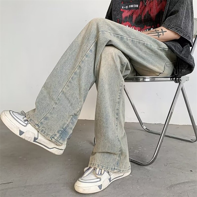 vibe美潮高街裤子夏款纽扣开叉牛仔裤微喇黄泥染色直筒裤P43,男装牛仔裤,星座1116-2