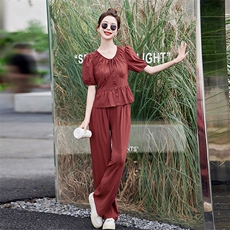 现货2026年夏季新款时尚气质显瘦轻薄舒适上衣阔腿裤套装两件套，女装套装/套裙，尚洛菲