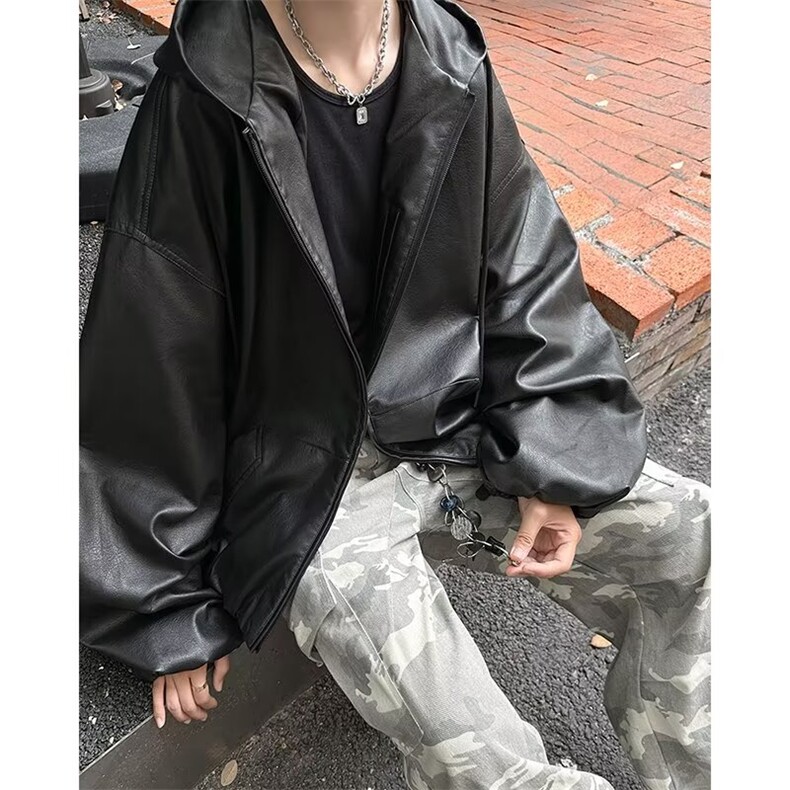 连帽皮衣外套男春秋cleanfit美式痞帅高级感廓形宽松PU皮夹克，男装皮衣，星座601-1