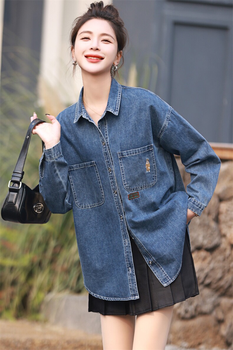 欧洲站牛仔衬衫女中长款2024春秋新款韩版宽松小个子衬衣外套上衣,女装衬衫,丽影随形