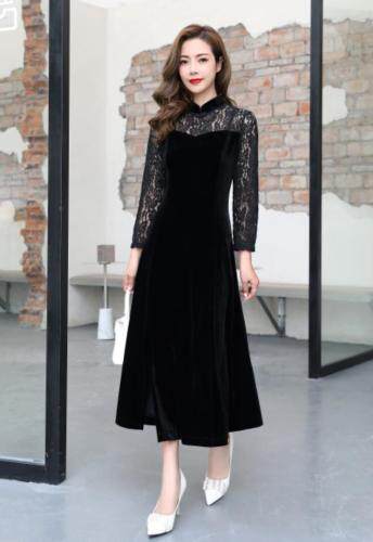 秋季丝绒修身连衣裙，女装连衣裙，蓝芝衣秀