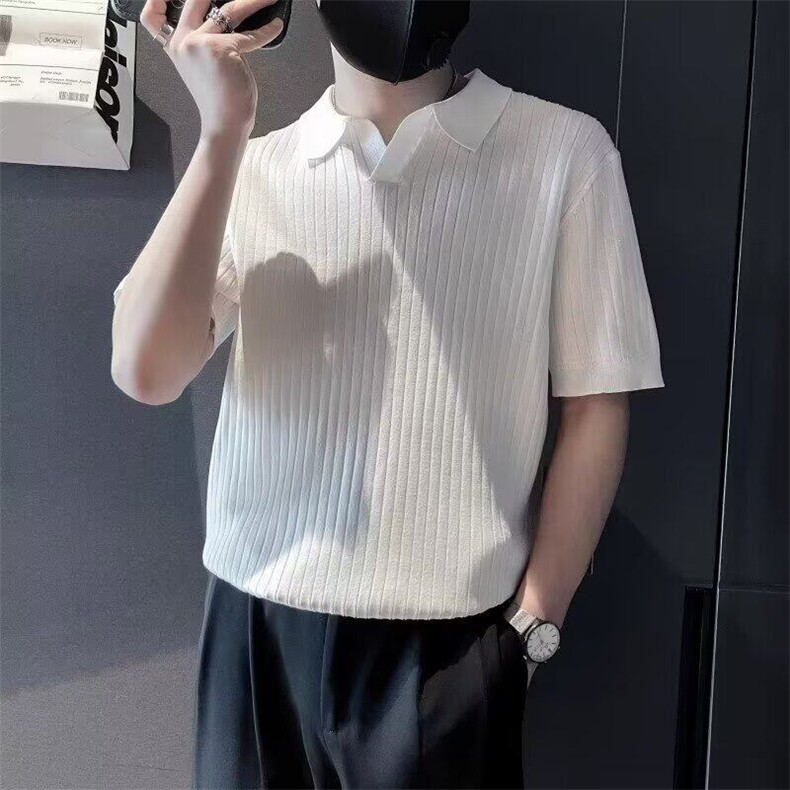 polo衫男纯色翻领短袖T恤夏季修身V领冰丝半袖t恤 网图 MD47-p45图片