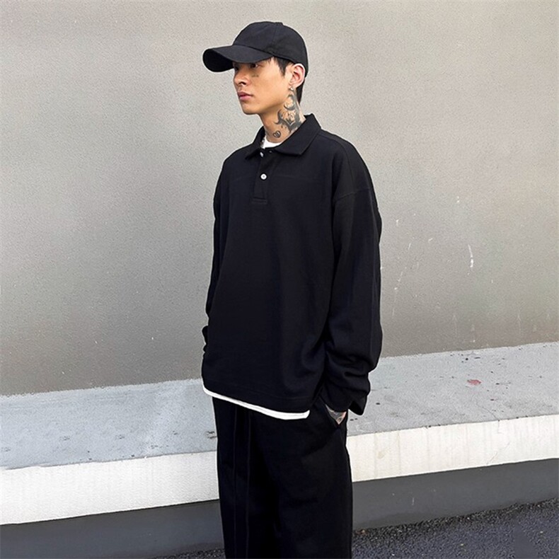 抖音得物高品质二开230克精梳珠地光版纯色宽松长袖T恤翻领POLO衫，男装T恤，电商A486