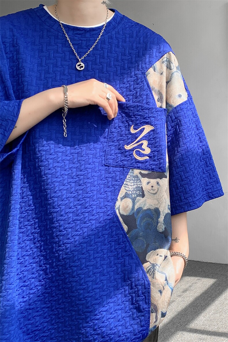 现货DSA059-T10016-P35夏季新款撞色拼接小熊大码短袖T恤,男装T恤,电商A059