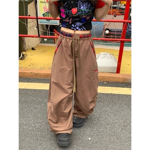 美式复古格纹撞色拼接褶皱工装裤女宽松休闲百搭拖地阔腿裤图片
