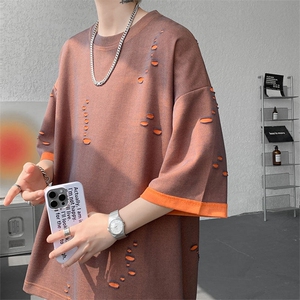 T10137-特批33  控68 开口笑高品质夏季大码短袖破洞潮流百搭T恤图片
