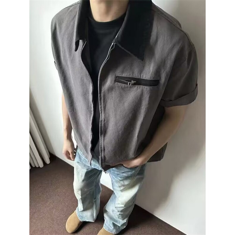 美式复古卡哈特工装正肩短袖衬衫外套男夏季简约高级衬衣夹克,男装T恤,星座506A